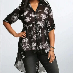 Torrid Womens Floral Print V-Neck 3/4 Sleeve Hi-Low Hem Tunic Black Size…